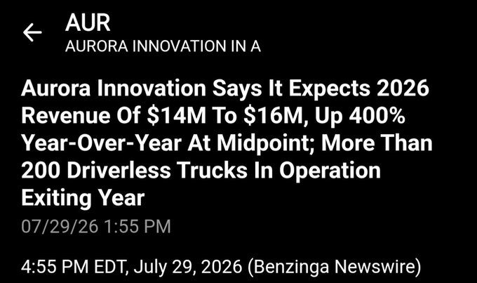 News headline screenshot about Aurora Innovation (ticker: AUR) expecting 2026 revenue of $14M to $16M, up 400% year-over-year, with more than 200 driverless trucks in operation, dated 07/29/26.