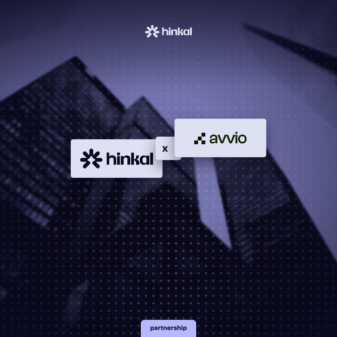 A graphic with a dark blue cityscape background featuring the Hinkal logo at the top and a central visual showing the Hinkal and Avvio (tryavvio) logos connected by an "x," with a "partnership" tag at the bottom—illustrating the integration that enables users to conduct private onchain transactions directly within the Avvio interface.
