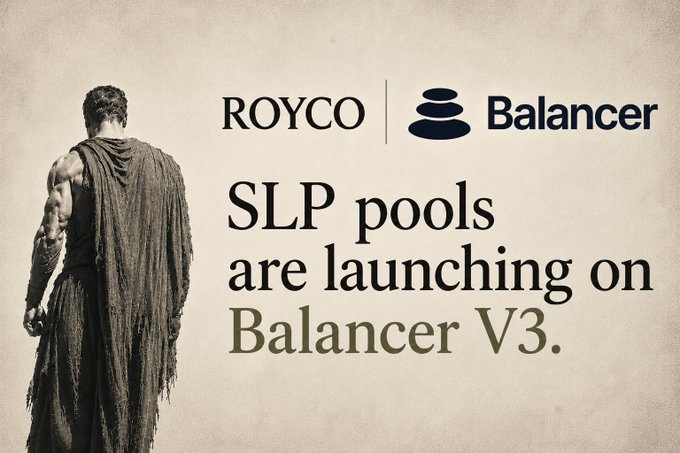 A warrior figure stands beside an announcement that "SLP pools are launching on Balancer V3," with ROYCO and Balancer logos displayed above the text. The image visually reinforces the post's announcement of SLP pools deploying on Balancer V3, emphasizing the secure, battle-tested nature of the new pool integration.