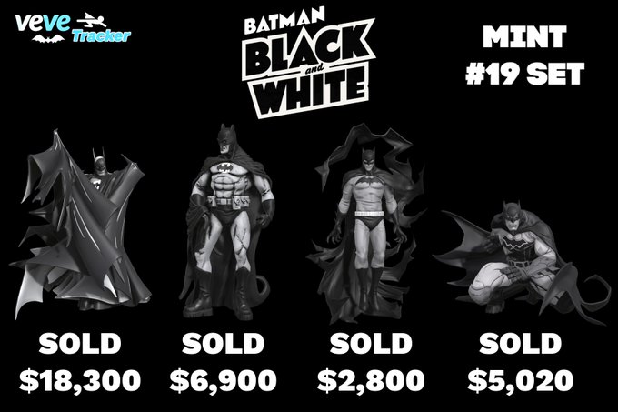 The image displays four black-and-white Batman statues from the VeVe "Mint #19 Set," all marked "SOLD" with prices of $18,300, $6,900, $2,800, and $5,020, totaling over $33,000. The caption celebrates the completion of the set and the sale of all pieces.