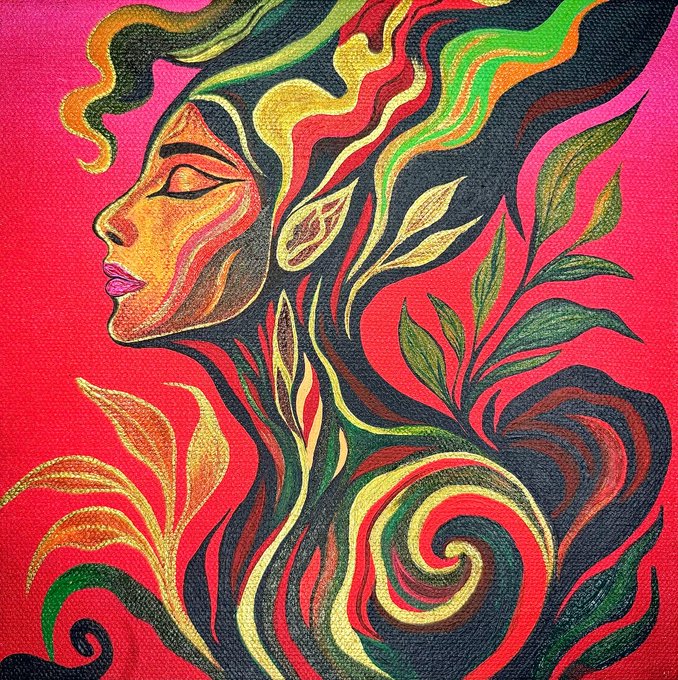 A vibrant, stylized profile painting of a woman with flowing multicolored hair blending into green leaves against a bright pink and red background.