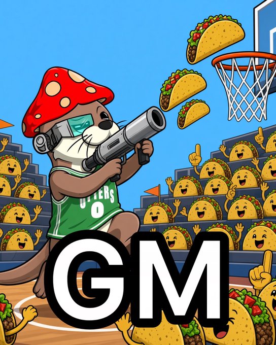 A cartoon mascot wearing a mushroom cap and a green Celtics jersey fires a bazooka at basketball tacos, with 'GM' displayed prominently at the bottom.