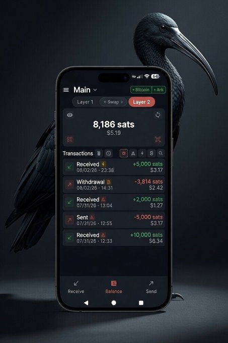 A smartphone displays a Bitcoin wallet app showing a balance of '8,186 sats' ($5.19) with transaction history; a dark bird with a long beak stands behind the phone.
