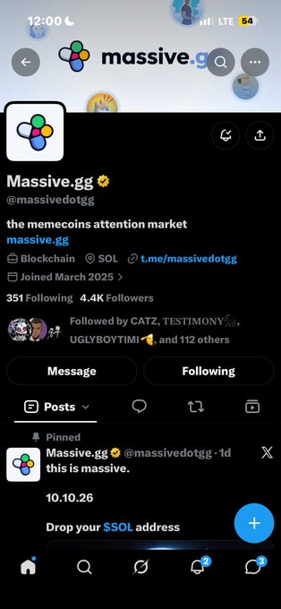 Twitter/X profile of Massive.gg (@massivedotgg) with 4.4K followers, tagged as 'the memecoins attention market' on the SOL blockchain, joined March 2025.