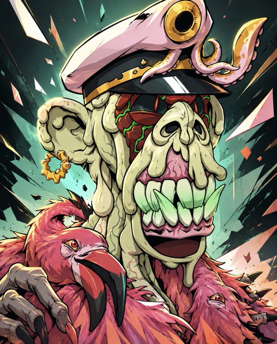 A grotesque, surreal illustration of a monstrous character wearing a naval-style cap, featuring an oversized mouth with sharp teeth and a red bird-like creature.