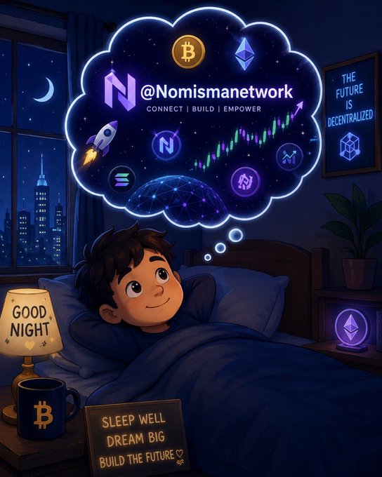 The image features a young boy lying in bed with his eyes closed, seemingly asleep. The scene takes place next to a window that overlooks a city skyline at night. There are two clocks visible in the room - one near the boy's head and another on the wall above him. A cup is also present on the bedside table.

The image includes text elements related to Bitcoin, such as "NomisamaeNetwork" and "Good Night X", which suggests that the post might be about Bitcoin or cryptocurrency-related topics. The boy's peaceful slumber adds a sense of calmness to the scene, contrasting with the bustling cityscape outside his window.