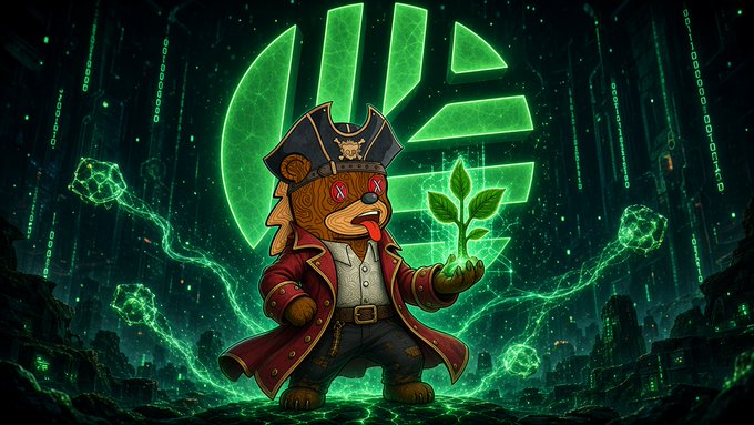 A pirate teddy bear captain with glowing red eyes holds a green plant amid swirling green energy and a futuristic digital cityscape, with a glowing green logo behind him, visually symbolizing the post's theme of seeking true ownership and control in a fragmented, easily-replicated crypto landscape.