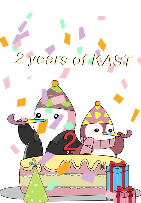 A celebratory illustration for '2 years of KAST' featuring two cartoon penguins wearing party hats behind a cake with confetti and gifts.