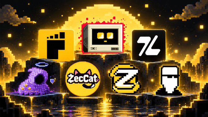 A pixel art scene featuring various crypto/NFT project logos including ZecCat, Z, and others displayed on stone pedestals with a golden moon backdrop.