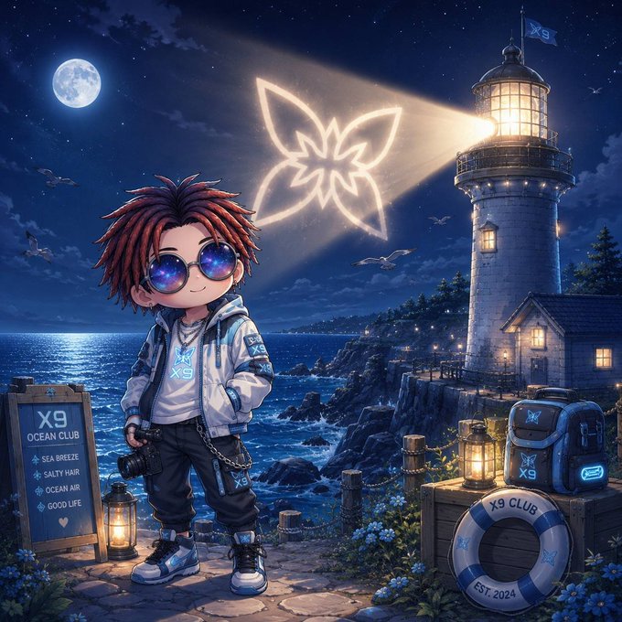 The image features a young boy wearing sunglasses, standing next to a lighthouse at night. The background of the image includes a body of water and a sky filled with stars. There are also two lanterns present in the scene - one on the left side and another on the right side. The post about scalability and decentralized computing is written in white text that stands out against the dark background, making it easy to read and understand.