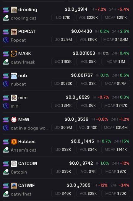 A cryptocurrency tracking dashboard displaying various cat-themed meme tokens including drooling, POPCAT ($0.04430), MASK ($0.001053), nub ($0.001767), mini ($0.8529), MEW ($0.3536), Hobbes ($0.1445), CATCOIN ($0.9742), and CATWIF ($0.7305), with market caps ranging from $29K to $43.4M. The bullish post about cat meme coins potentially reaching "a billion" aligns with the image showing numerous cat-themed tokens with positive 24-hour gains, particularly Hobbes up 15% and CATCOIN up 1%, suggesting the poster is highlighting this trend as evidence for their optimistic prediction.