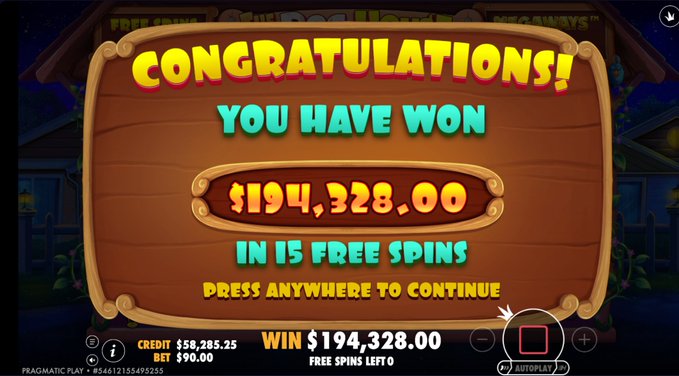 A digital slot machine win screen displaying 'CONGRATULATIONS! YOU HAVE WON $194,328.00 IN 15 FREE SPINS' from Pragmatic Play.
