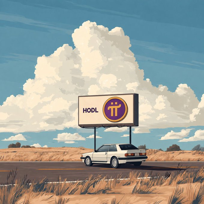 A pixel art scene shows a lone white car driving down an empty desert highway beneath a large billboard displaying "HODL" alongside a purple Pi Network logo, evoking the steady, long-term commitment of holding crypto assets on the open road.