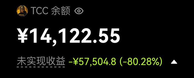 A dark screen displaying a balance of ¥14,122.55 with an unrealized loss of -¥57,504.8 (-80.28%) in green text.