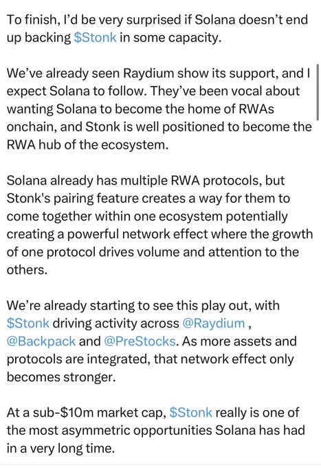 A social media post predicts that Solana will likely support $Stonk given its positioning as a RWA hub, noting that Stonk's pairing feature could create a network effect across protocols like @Raydium, @Backpack, and @PreStocks, calling it one of the most asymmetric opportunities on Solana at a sub-$10m market cap. The post supports the caption's claim that Solana is following and reposting on $Stonk as a promising asymmetric launchpad opportunity.