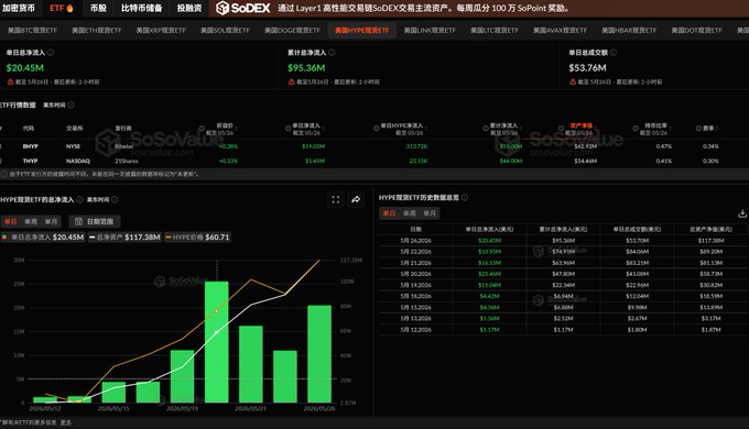 The image features an Excel chart with multiple bars representing ETFs and their respective gains or losses over a continuous period of time. The majority of these ETFs are primarily focused on $BTC, making up a significant portion of the chart's bars. However, there is one ETF in particular that caught attention - the $HYPE ETF, which has experienced substantial growth since its launch. This index was launched at the beginning of May and gained popularity quickly as it saw an influx of net inflows. The other ETFs shown on the chart are still active but with minimal interest, indicating a shift in focus towards the $HYPE ETF.