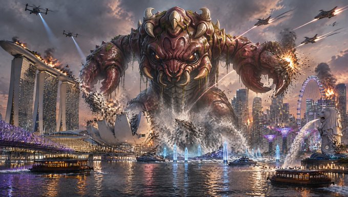 A digital artwork depicting a giant, monstrous creature attacking a city skyline featuring the Marina Bay Sands hotel and Singapore Flyer, with fighter jets and explosions visible.