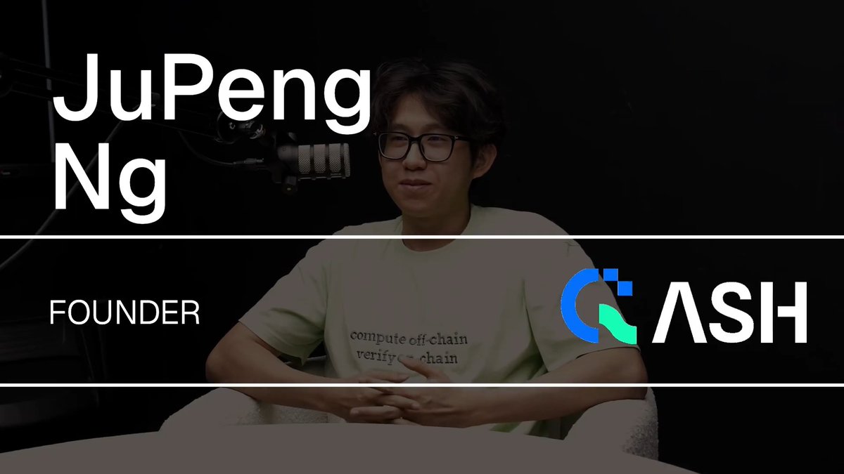 The image features a man wearing glasses sitting down, with his hands folded in front of him. The background is black, making the man stand out prominently. Below the man's head, there are two lines of text that read "Hear @ngjupeng on how @0xQash got started - and why they're building on Miden." This suggests that the image might be related to a post or conversation about the founder of a company named @0xQash.
