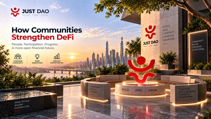 Another promotional banner for "JUST DAO" with the headline "How Communities Strengthen DeFi," highlighting "Stronger Community," "More Innovation," and "Greater Opportunities" against a futuristic city skyline.