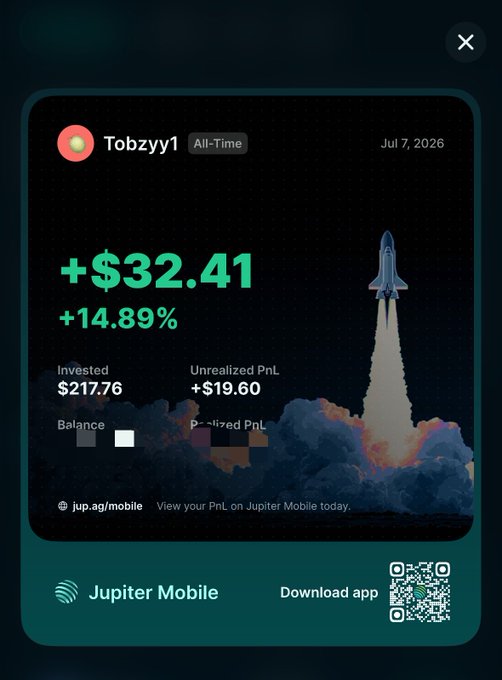 A Jupiter Mobile trading card displays user "Tobzyy1" with an all-time profit of +$32.41 (+14.89%) as of July 7, 2026, showing an invested amount of $217.76 and unrealized PnL of +$19.60 alongside a rocket launch graphic. The card ties into the "gm We go again today" post by sharing a daily PnL achievement card from Jupiter Mobile, reinforcing the optimistic "let's keep going" trading mindset.