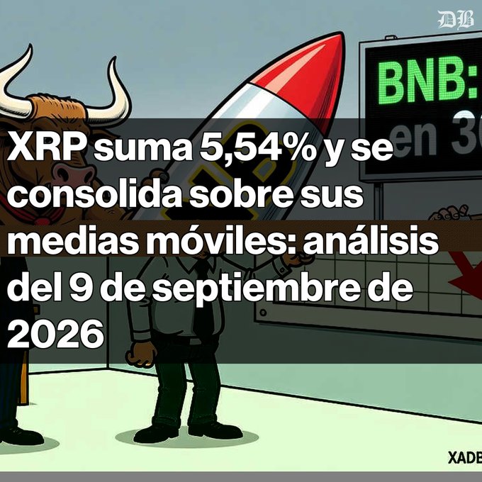 A financial news graphic showing cartoon characters with a rocket and bull, headlined 'XRP suma 5,54% y se consolida sobre sus medias móviles: análisis del 9 de septiembre de 2026', with 'BNB' visible on a stock ticker.