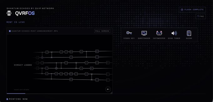 Screenshot of the QVRFOS NFT minting platform by QUIP Network, displaying a circuit-loaded design with navigation tabs like Signet Key, Questmaster, Catspeller, Echo Tuner, and Quido.