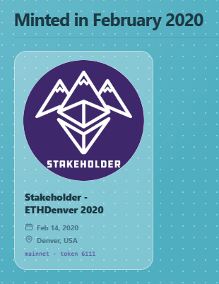 A digital collectible badge titled 'Minted in February 2020' showing a 'Stakeholder - ETHDenver 2020' token, dated Feb 14, 2020, from Denver, USA, with token number 6111 and a purple logo featuring mountain peaks and a geometric diamond shape.