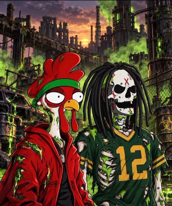 A digital illustration showing a zombie-like rooster character in a red jacket next to a skeleton with dreadlocks wearing a Green Bay Packers '12' jersey, set against a post-apocalyptic industrial background with green toxic gas.