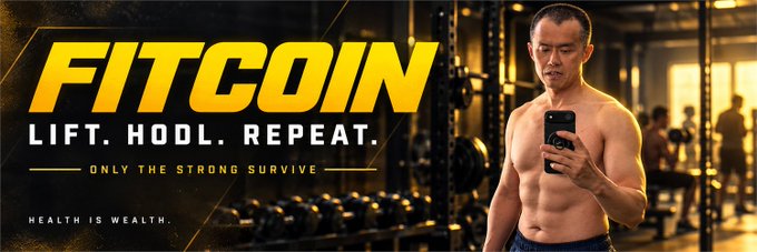 A promotional banner for 'FITCOIN' featuring the tagline 'LIFT. HOLD. REPEAT.' and 'ONLY THE STRONG SURVIVE', showing a shirtless man checking his phone in a gym setting.