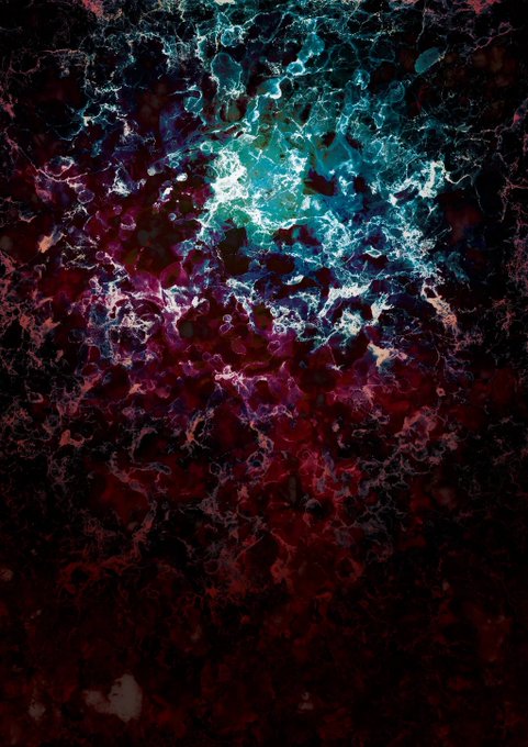 An abstract digital artwork displays swirling marbled textures in deep reds, dark purples, and glowing cyan-teal hues against a black background.
