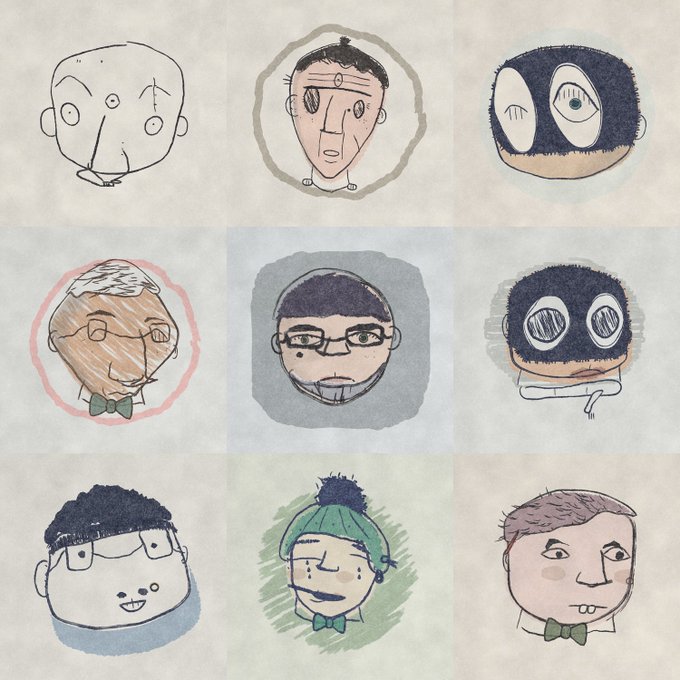 A 3x3 grid of hand-drawn whimsical portrait sketches in various colors, featuring stylized faces with distinctive features.