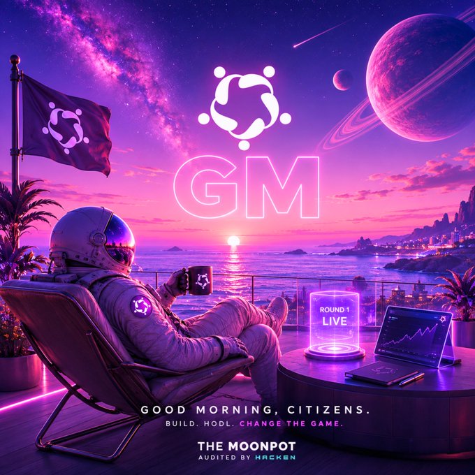 A sci-fi style promotional image featuring an astronaut sitting on a patio with a "GM" (Good Morning) logo in the sky, a flag, and text reading "GOOD MORNING, CITIZENS. BUILD. HODL. CHANGE THE GAME." and "THE MOONPOT AUDITED BY HACKEN."