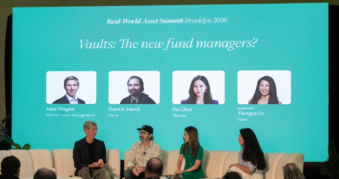 A panel discussion at the Real-World Asset Summit Brooklyn 2026 titled 'Vaults: The new fund managers?' featuring speakers Mat Hogan (Bitwise Asset Management), Patrick Murck (Sarus), Pri Chen (Theoriq), and moderator Tuongvy Le (Vexla).