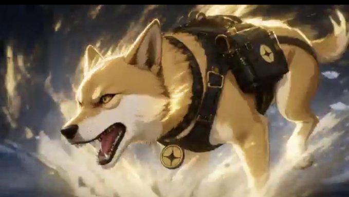 A fierce golden‑tan dog in a tactical harness and star‑emblem badge charges forward, embodying the $ADOG brand.