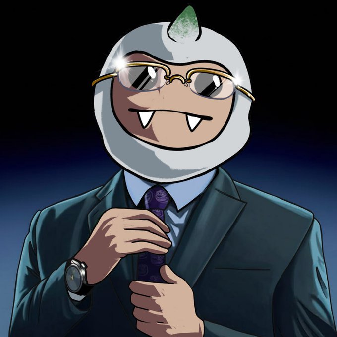 An animated character wearing a white shark-like head costume, gold-rimmed glasses, a blue suit, and a purple tie, adjusting the tie while wearing a wristwatch.