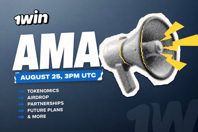 The image is a promotional graphic for 1win's AMA session scheduled for August 25 at 3PM UTC, featuring a megaphone illustration and listing topics like Tokenomics, Airdrop, Partnerships, Future Plans & more, aligning with the post's announcement of 1winPro's community discussion covering these very subjects.