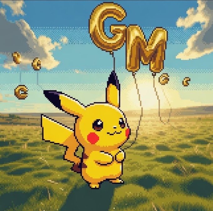 A pixel art image of Pikachu holding gold balloon letters spelling 'GM' (Good Morning), with additional smaller 'G' balloons floating in a grassy field background.