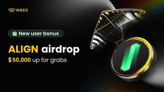 A promotional banner for the WEEX exchange announces a "$ALIGN airdrop" new user bonus offering up to $50,000, featuring a stylized gold and black diamond graphic with a green "U" coin, matching the post's details about the 0-fee trading event running from August 21–28, 2026.