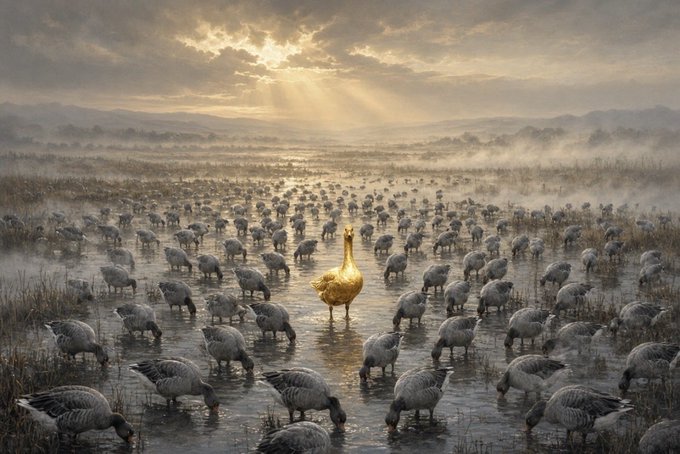 A surreal landscape at sunrise showing a golden swan surrounded by a vast flock of grey cranes in a misty wetland.