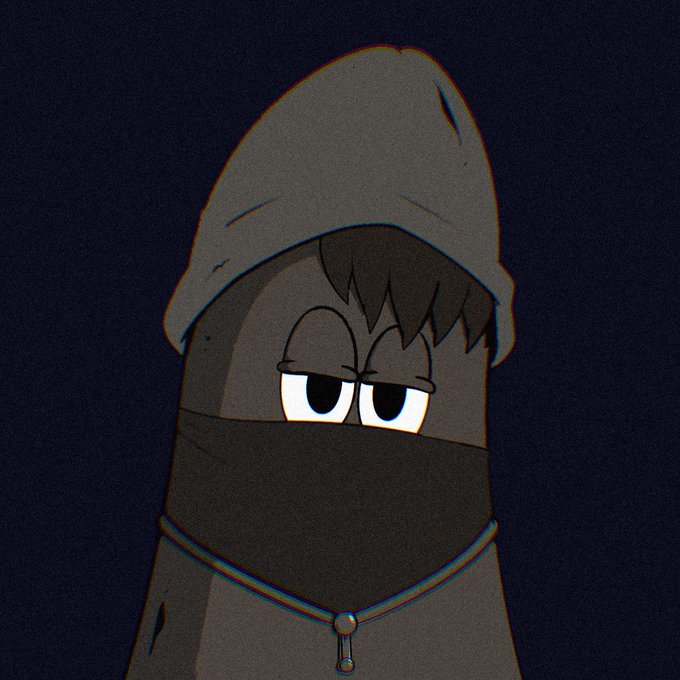 A cartoon illustration of a tired-looking character in a dark hood and face covering, staring with droopy eyes against a dark background.