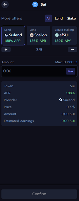 A Sui wallet interface showing lending options including Suilend at 1.88% APR, Scallop at 1.86% APR, and Liquid staking afSUI at 1.39% APY.