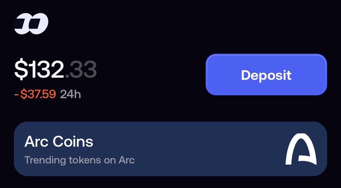 A financial app showing a balance of $132.33 with a -$37.59 24h change and a Deposit button, along with an Arc Coins section for trending tokens on Arc.
