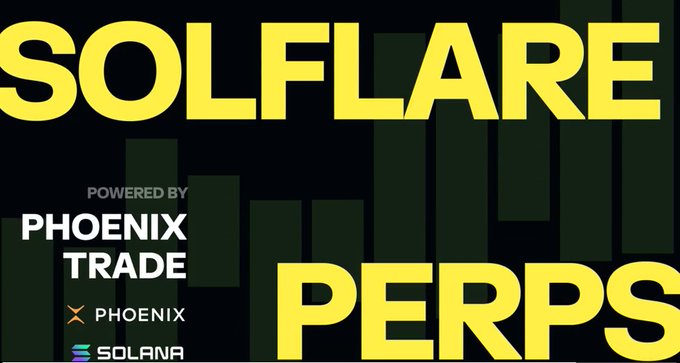 A promotional graphic with yellow text 'SOL FLARE PERPS' on a black background with green vertical bars, noting 'POWERED BY PHOENIX TRADE' with logos for Phoenix and Solana.
