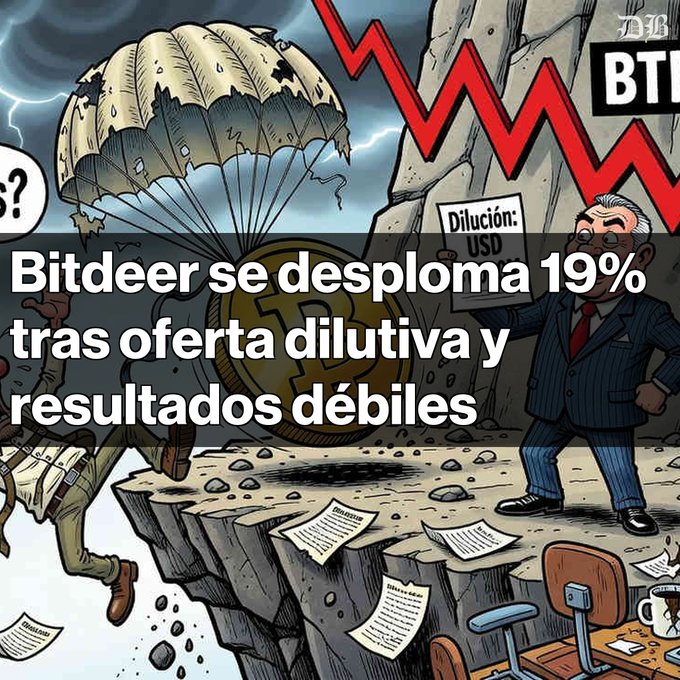 A Spanish-language news graphic showing 'Bitdeer se desploma 19% tras oferta dilutiva y resultados débiles' (Bitdeer crashes 19% after dilutive offering and weak results), with an illustration of parachuting bitcoin, a plunging red chart, and a suited figure holding a 'Dilución' sign.