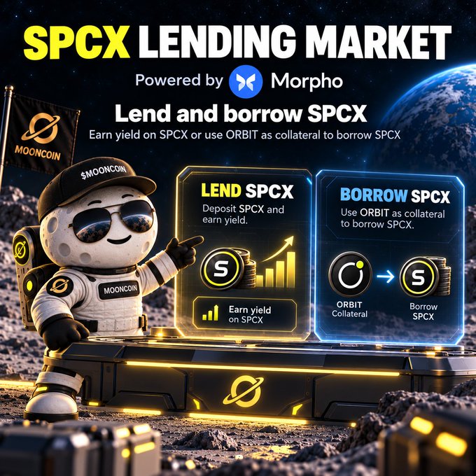 A promotional graphic for 'SPCX LENDING MARKET' powered by Morpho, featuring a 3D astronaut mascot wearing a '$MOONCOIN' cap, with sections for 'LEND SPCX' and 'BORROW SPCX' using ORBIT as collateral.