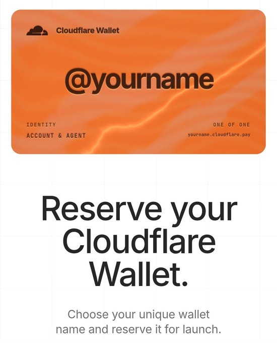 A promotional image for 'Cloudflare Wallet' showing an orange card with '@yourname' and text reading 'Reserve your Cloudflare Wallet. Choose your unique wallet name and reserve it for launch.'