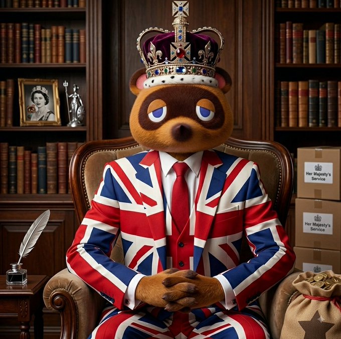 A whimsical illustration features a brown bear wearing a British royal crown and a Union Jack suit, seated on a leather chair in a wood-paneled library with bookshelves, a portrait of the Queen, and boxes labeled 'Her Majesty's Service'.