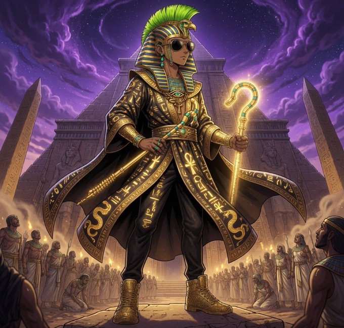 A stylized digital artwork depicting a pharaoh-like figure with a green mohawk, sunglasses, a staff, and gold-adorned robes, standing in front of a pyramid and an adoring crowd under a purple sky.