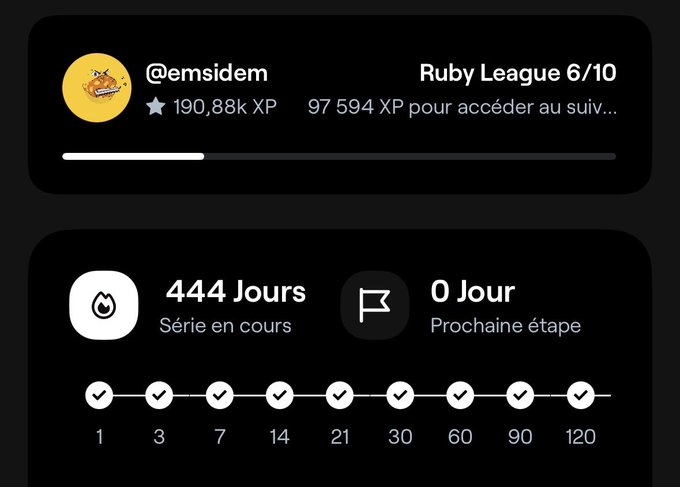 A screenshot of a Duolingo streak profile for user '@emsidem' showing 'Ruby League 6/10,' 190.88k XP, and a 'Série en cours' of 444 days completed out of 120.