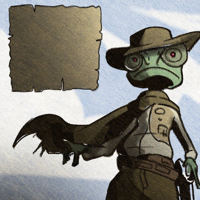 The image features a cartoon character dressed as a cowboy, wearing a hat and holding a gun. The character appears to be standing against a blue sky with clouds. There is an empty sign in the background that reads "blank". The image also contains text that says "@RangoETH_" and mentions a mint named "western themed art with an actual narrative behind it." Additionally, there are two other sentences in the image: "focus on what is in the image and how it relates to the post."